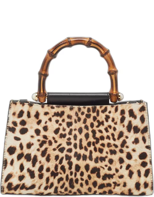 Gucci Beige/Black Leopard Print Calfhair and Leather Mini Nymphaea Bamboo Top Handle Bag