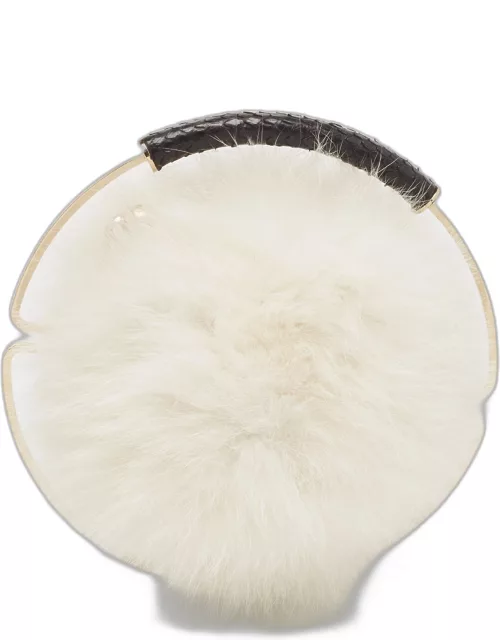 Jimmy Choo White Rabbit Fur and Snakeskin Round Metal Clutch