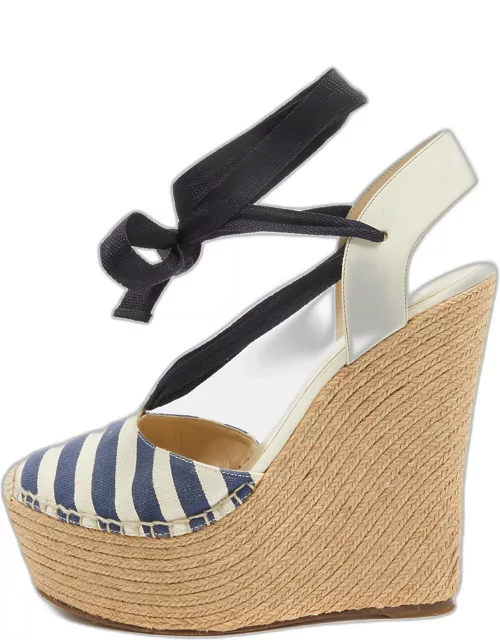 Gucci Two Tone Canvas and Leather Espadrille Wedge Ankle Tie Pump