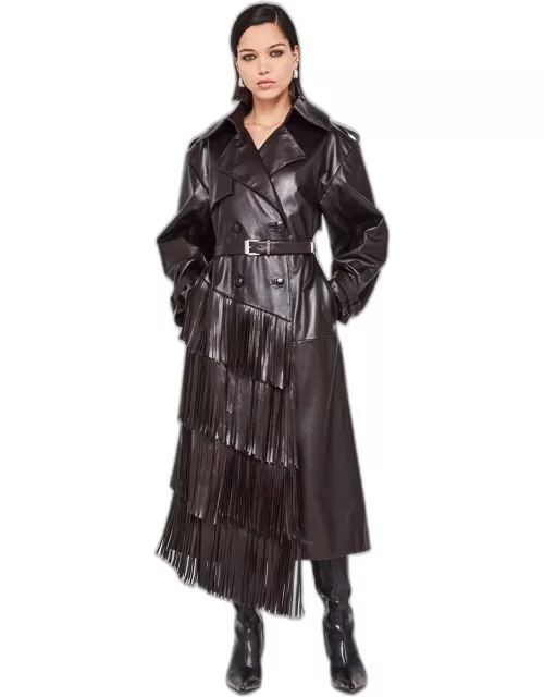PORTRAIT MAXI FRINGED TRENCH COAT BROWN