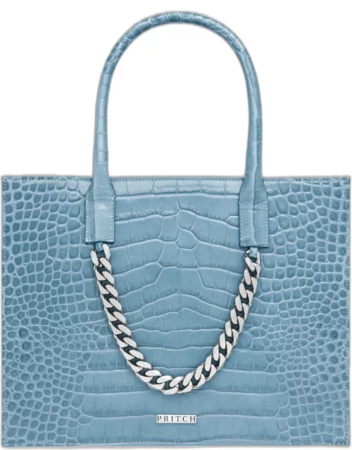Croc-Embossed Leather Tote Bag Mini - Garda Blue