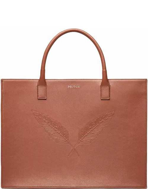 PIERCED Feather Leather Tote Bag Cognac Brown