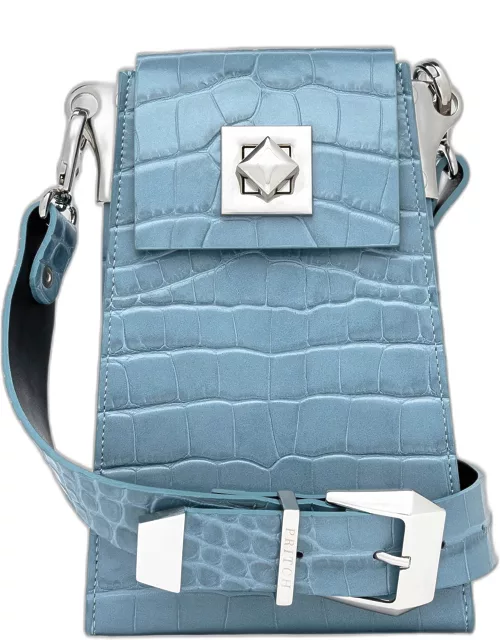 Cross Body Leather Phone Pouch - Croc Embossed Garda Blue