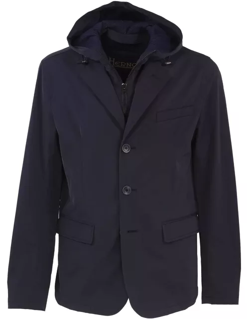 Herno Navy Blue Jacket With Buttons And Hood