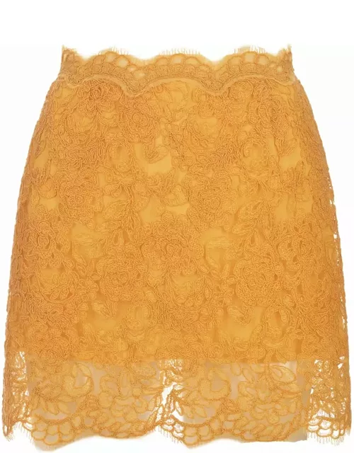 Ermanno Scervino Yellow-orange Floral Lace Mini Skirt