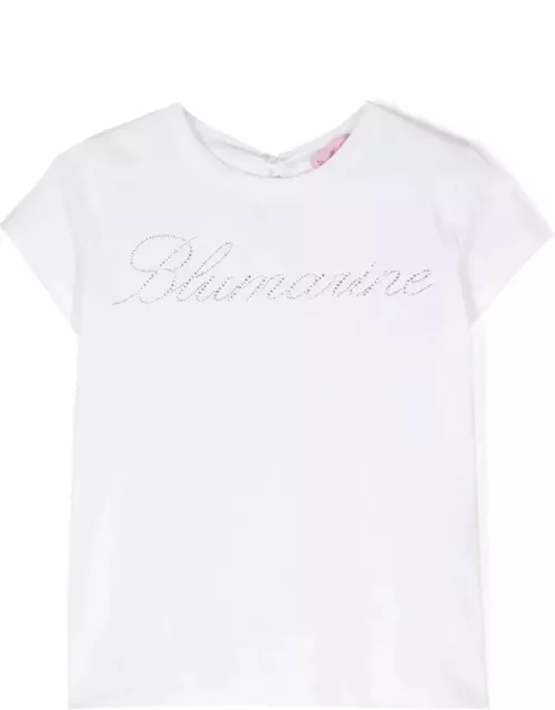 Miss Blumarine White T-shirt With Rhinestone Logo And Ruffle Detai