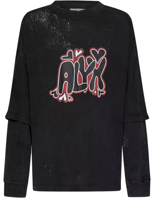 1017 ALYX 9SM Double Sleeve Needle Punch Grafic T-shirt Black Distressed Jersey Double Sleeves T-shirt With Logo - Double Sleeve Needle Punch Graphic T-shirt