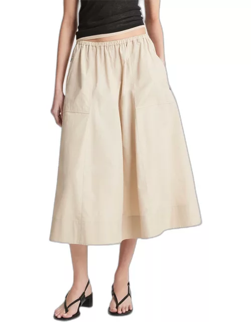 Gathered Cotton Utility Zip-Pocket Midi Skirt