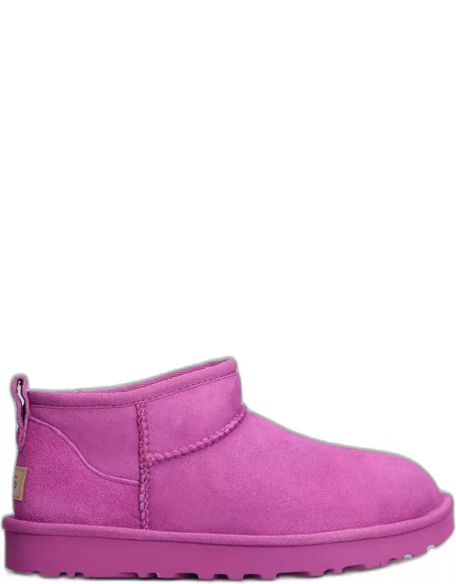 UGG Classic Ultra Mini Low Heels Ankle Boots In Fuxia Suede