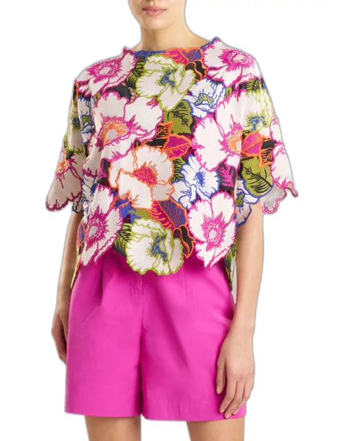Cote d'Azur Floral-Embroidered Lace Top