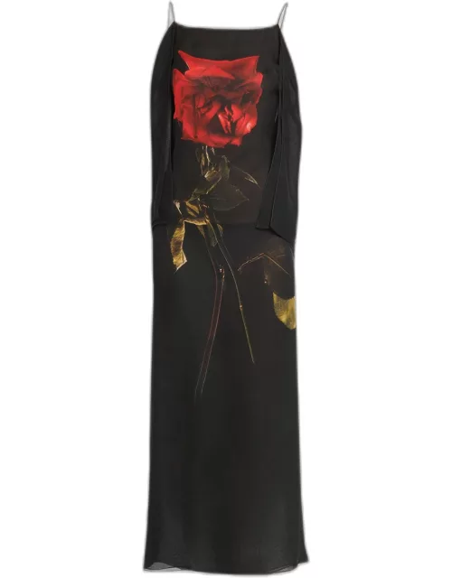 Chiffon Shadow Maxi Dress with Rose Print Detai