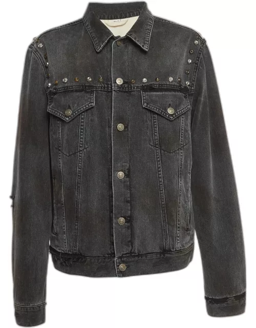 Gucci Grey Distressed Ripped Denim Metal Detail Jacket