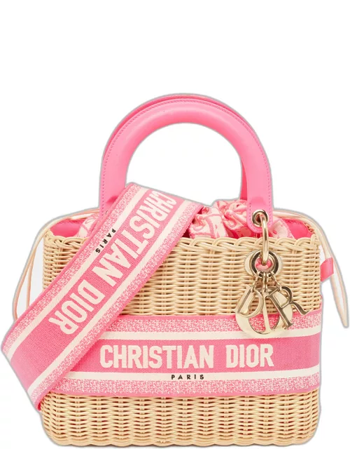 Dior Pink/Natural Wicker and Embroidered Canvas Medium Lady Dior Tote