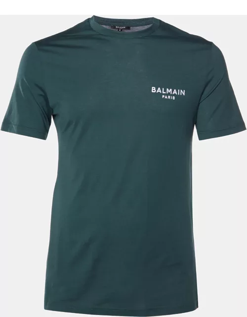 Balmain Deep Green Cotton Jersey Logo Embroidered Crew Neck T-Shirt