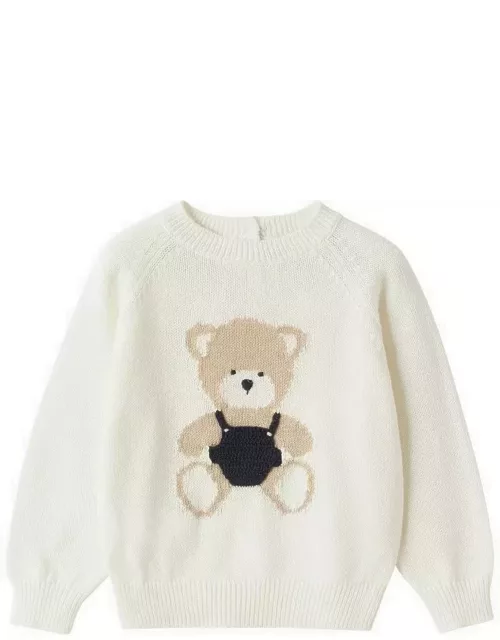 Milk-white jacquard cotton sweater with teddy bear