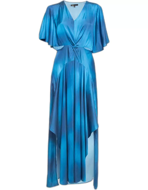 Maje Blue Ombre Satin Cut-Out Asymmetric Midi Dress