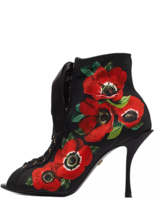 Dolce & Gabbana Black/Red Floral Print Stretch Fabric Peep Toe Ankle Bootie
