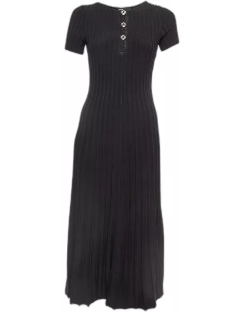 Maje Black Pleated Knit Cut-Out Detail Midi Dress