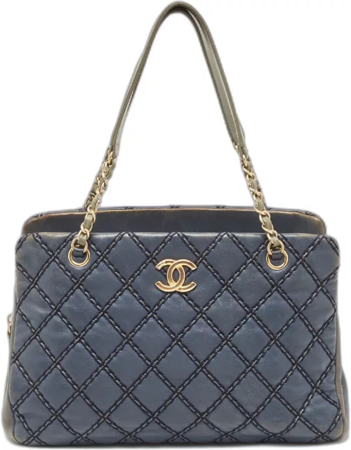 Chanel Blue Quilted Wild Stitched Leather Chain Tote