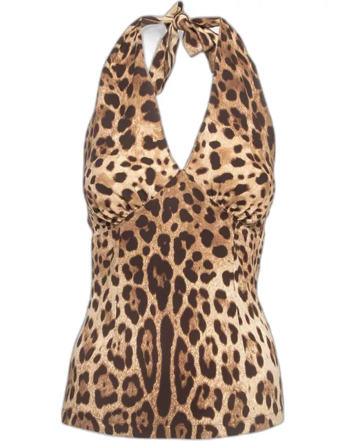 Dolce & Gabbana Brown Leopard Print Silk Tie-Up Halter Neck Top