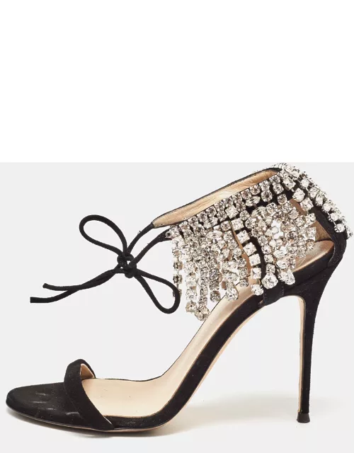 Giuseppe Zanotti Black Suede Crystal Embellished Ankle Tie Sandal