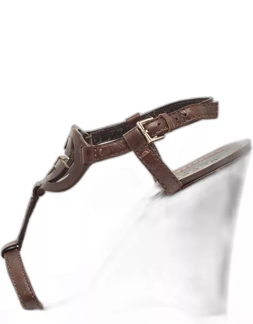 Gucci Brown Leather Brown GG Wedge Ankle Strap Sandal