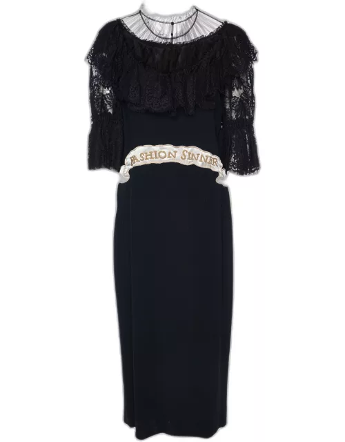 Dolce & Gabbana Black Crepe & Lace Fashion Sinner Embellished Midi Dress