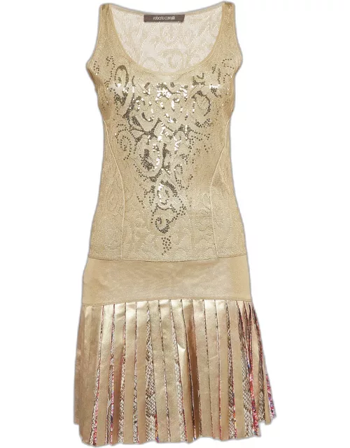 Roberto Cavalli Gold Knit and Silk Sequin Embellished Pleated Dress