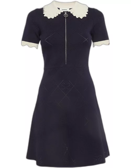 Sandro Navy Blue Patterned Knit Zip-Up Mini Dress