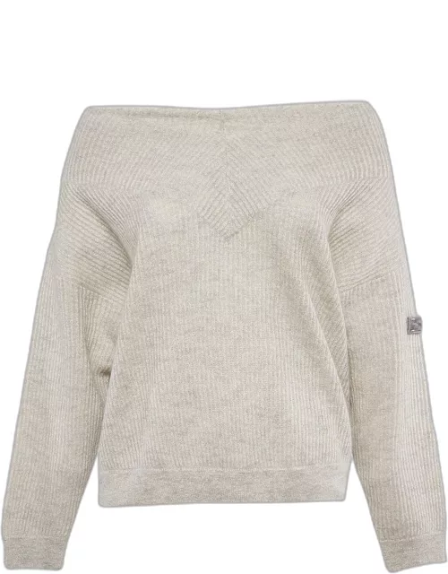 Brunello Cucinelli Grey Applique Lurex Knit V-Neck Sweater