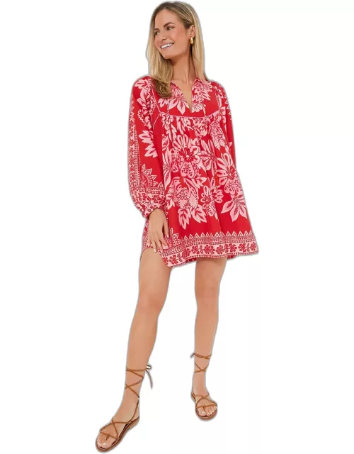 Red Long Sleeve Flora Tapestry Mini Dres