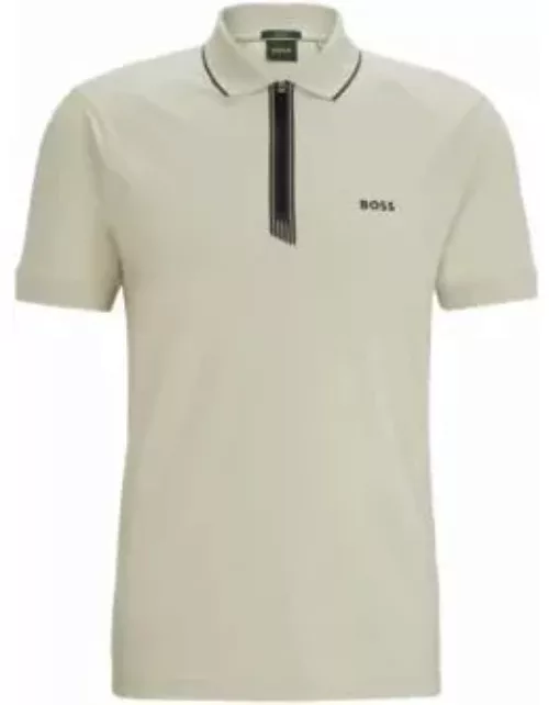 Stretch-cotton slim-fit polo shirt with zip placket- Light Beige Men's Polo Shirt