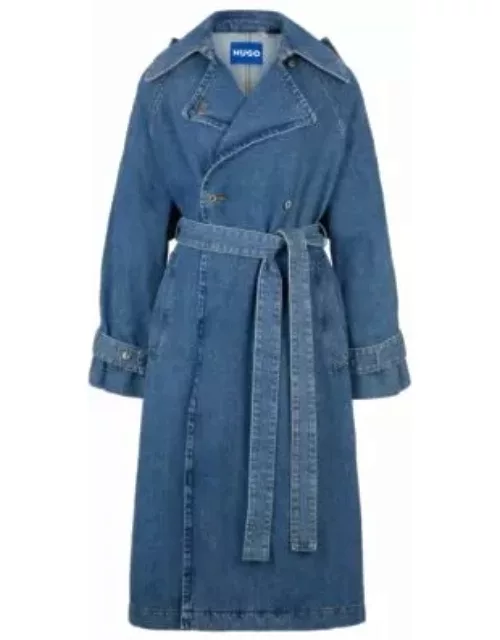 Trench coat in blue denim with branded trims- Blue Women's Casual Coat