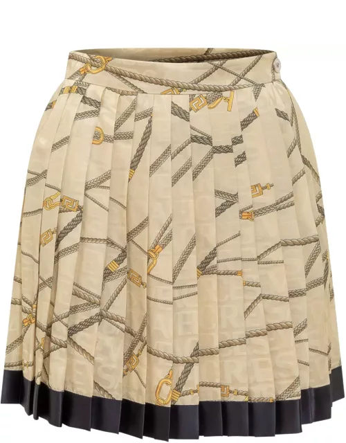 Versace Pale Yellow Pleated Mini Skirt With All-over Logo Print In Silk Blend Woman