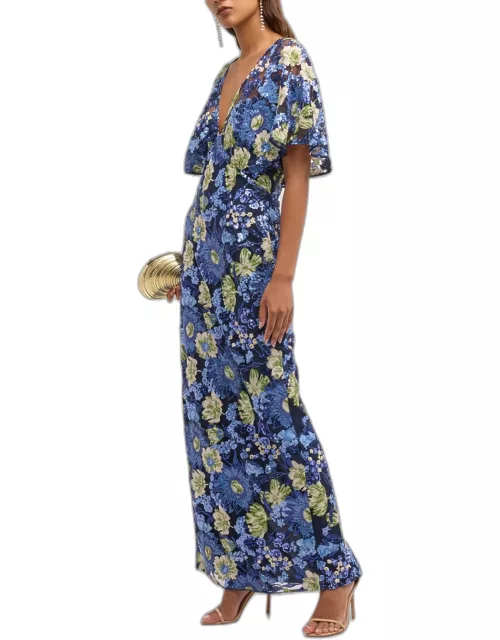 V-Neck Flower Sequin Cape-Sleeve Column Maxi Dres