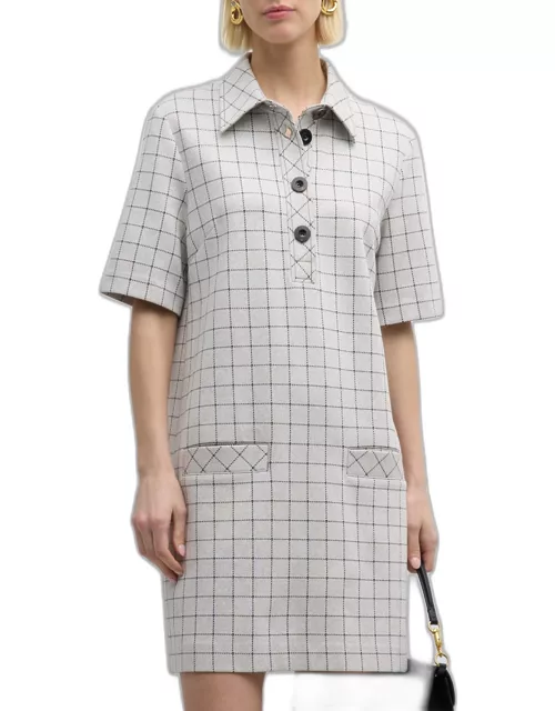Short-Sleeve Windowpane Check Double Knit Mini Polo Dres