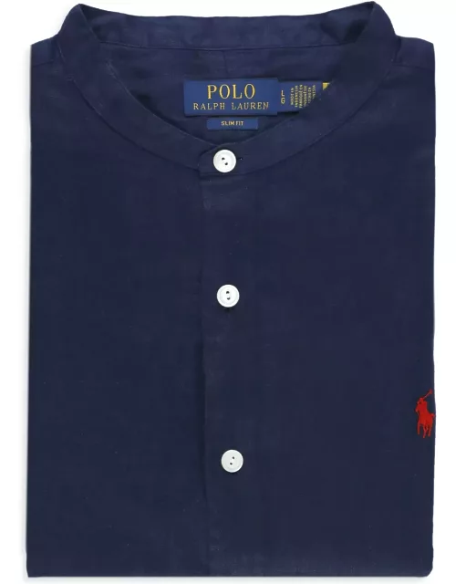 Polo Ralph Lauren Mans Blue Linen Shirt With Logo