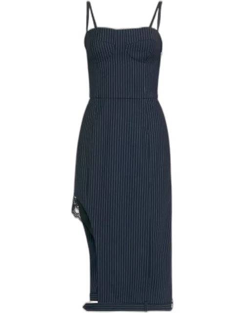 Pinstripe Midi Wool Dress with Slit