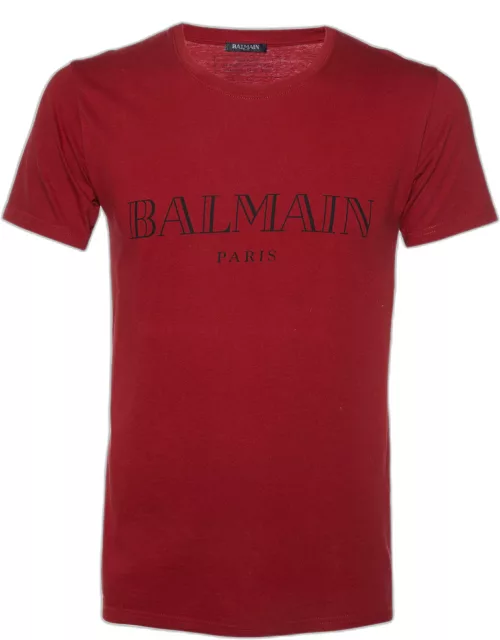 Balmain Red Logo Print Cotton Crew Neck T-Shirt