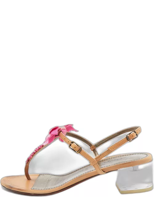Lanvin Light Brown/Pink Leather and Fabric Bow Thong Ankle Strap Sandal