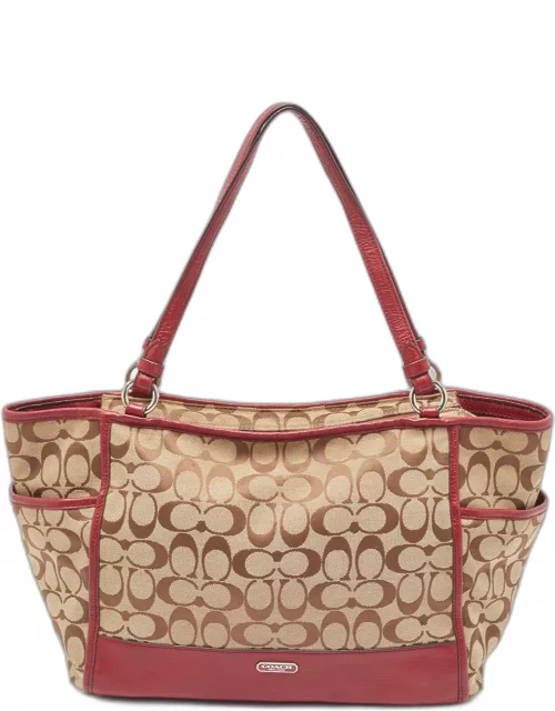 Coach Beige/Burgundy Signature Canvas and Leather Carrie Tote