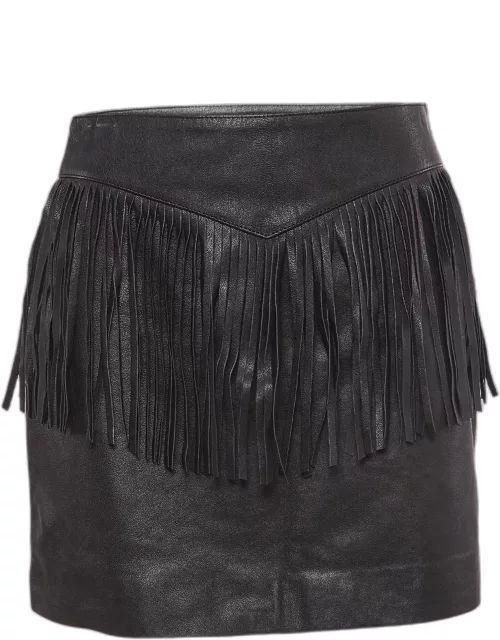 Saint Laurent Black Leather Fringe Detail Mini Skirt