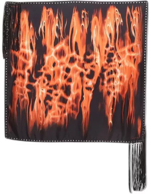 Roberto Cavalli Black Flames Print Silk Leather Fringed Scarf