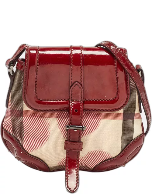 Burberry Burgundy/Beige House Check PVC and Patent Leather Heart Flap Crossbody Bag