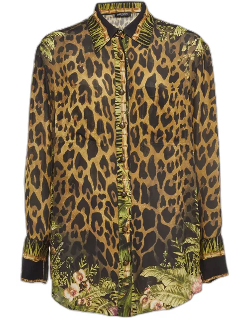 Balmain Green Leopard Print Silk Semi Sheer Shirt