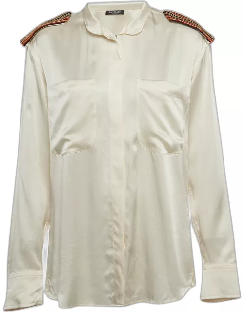 Balmain Off White Satin Silk Embellished Shoulder Patch Shirt