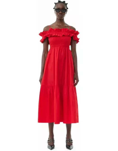 GANNI Red CottonPoplin Long Smock Dress in Racing Red