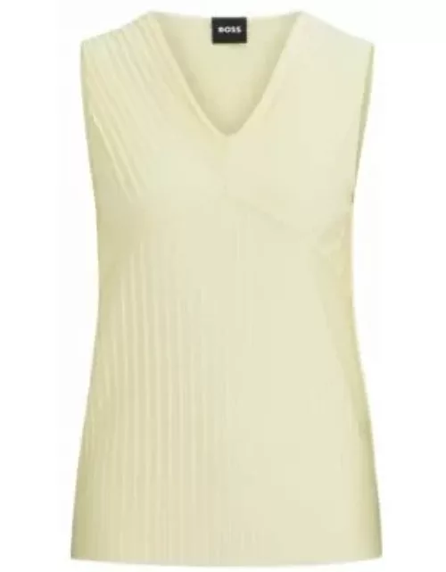 Sleeveless jersey top with V neckline and pliss pleats- Light Yellow Women's Casual Top
