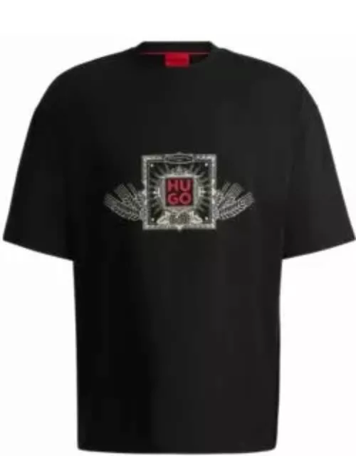 Cotton-jersey T-shirt with seasonal artwork and embroidery- Black Men's T-Shirt