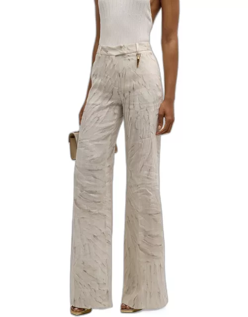 Feather-Print Straight-Leg Flax Linen Trouser